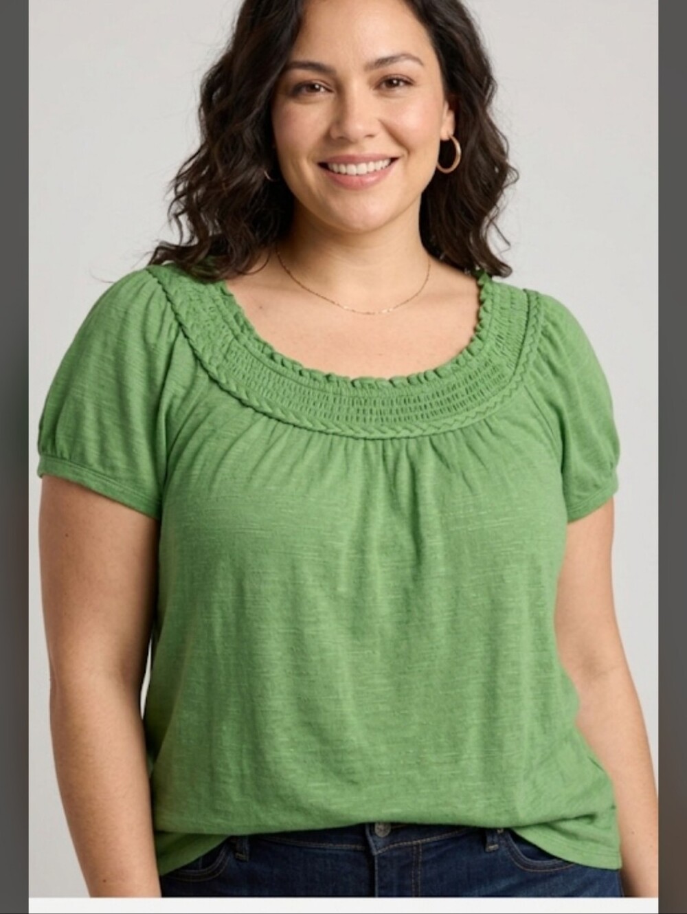 Max Studio London Braided Smock Neck Peasant Blouse, Short Sleeve, Green 14/16